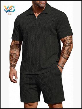 Men's 2 Piece Quarter Zip Matching Sweat Short Set Lounge Wear 4XL-6XL